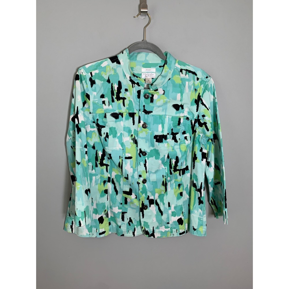 Christopher & Banks Button Front Jacket Women XL Mint Green Abstract Stretch